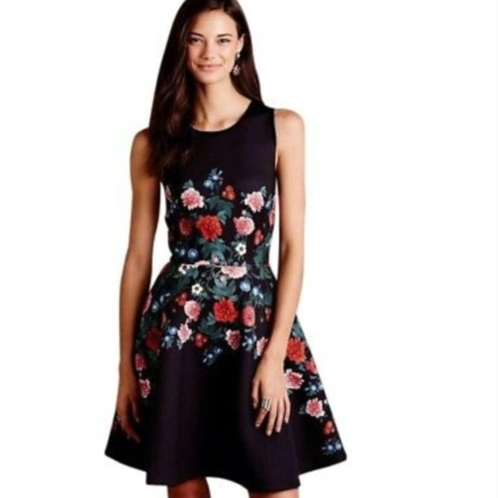 ERIN BY ERIN FEATHERSTON Scuba Fit and Flare Floral Mini Dress, Black, Size 4